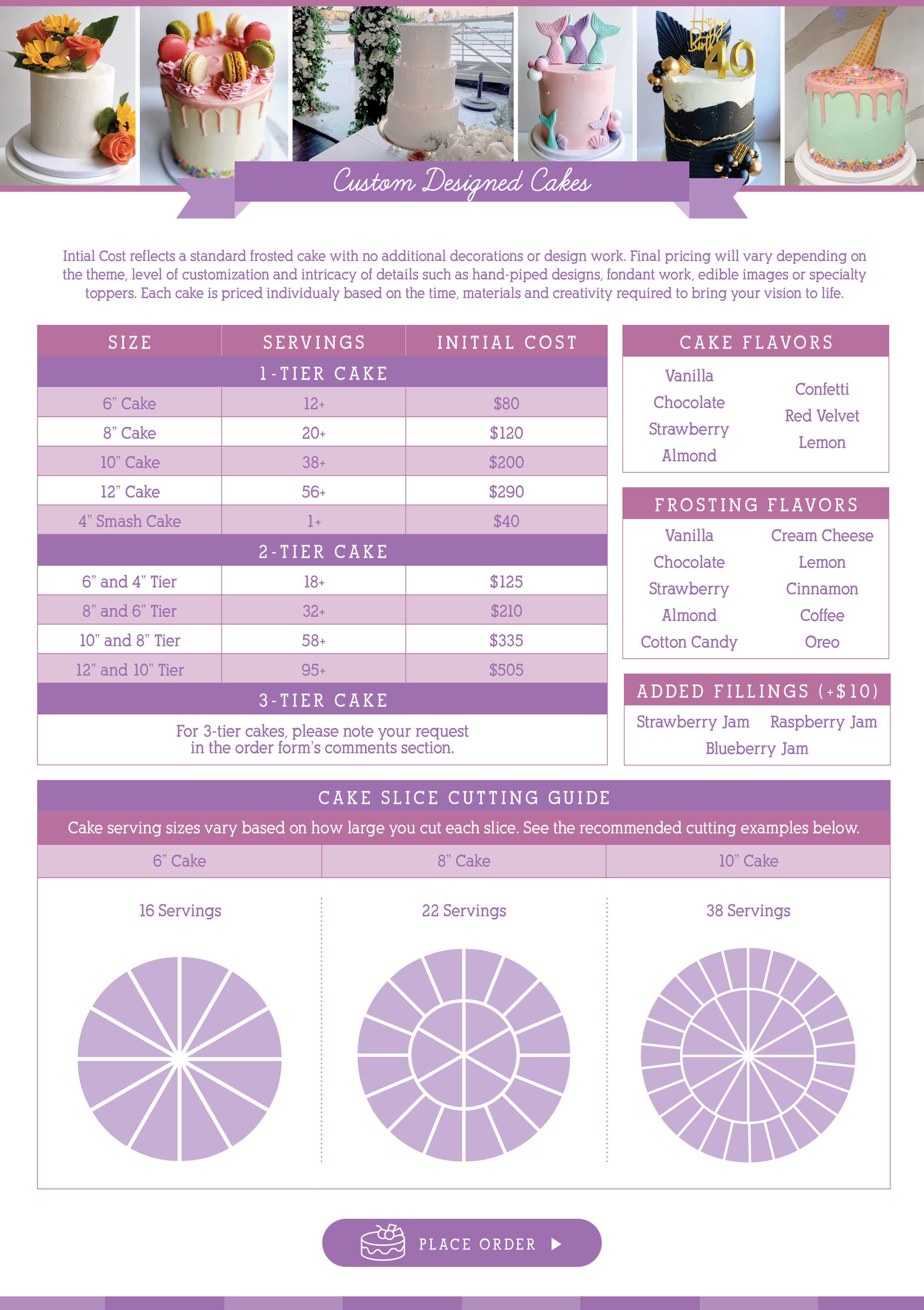 Custom Designed Cakes price list