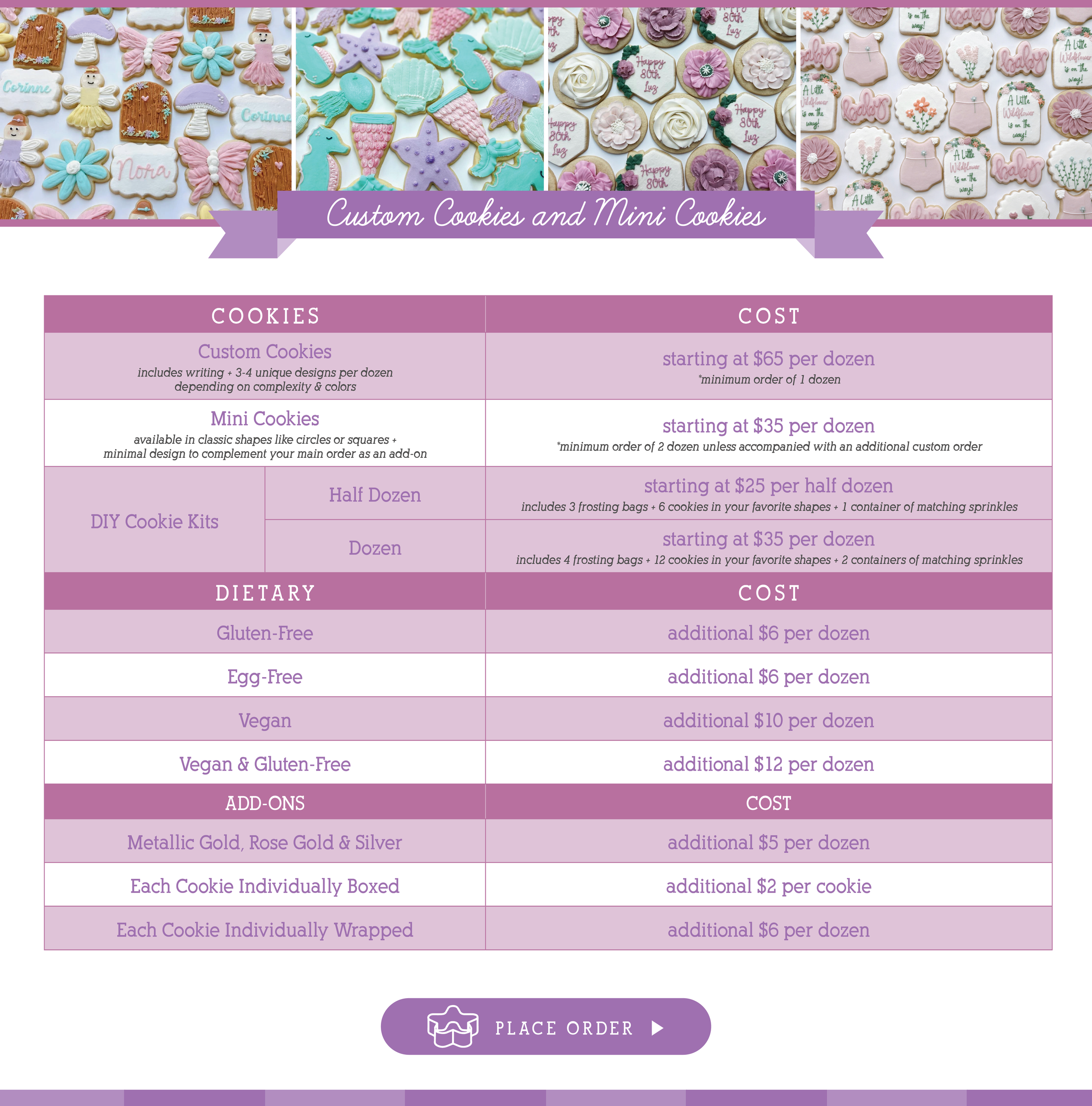 Custom Cookies & Mini Cookies price list