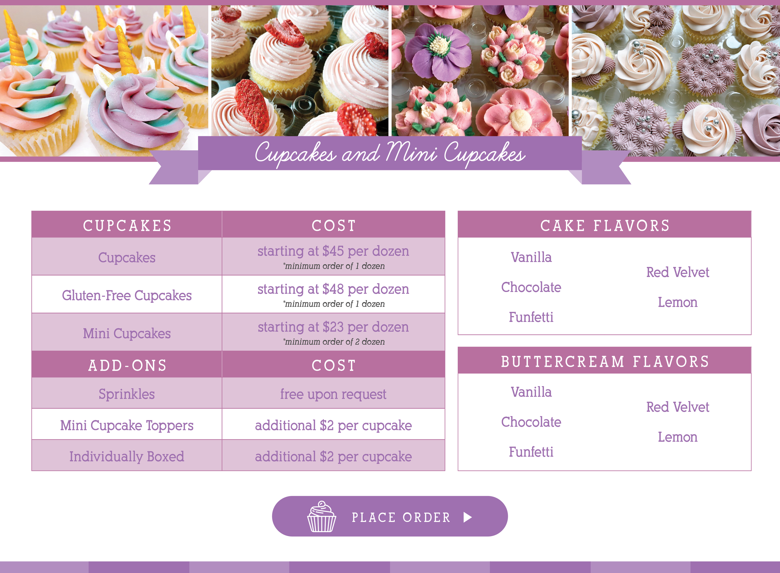 Cupcakes & Mini Cupcakes price list